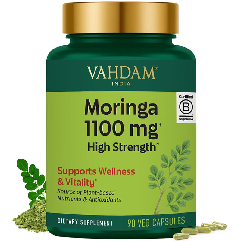 VAHDAM Moringa Capsules 1100mg | Supports Wellness and Vitality | Source of Plant Based Nutrients and Antioxidants | High Strength Green Superfood Supplement | 90 Veg Capsules