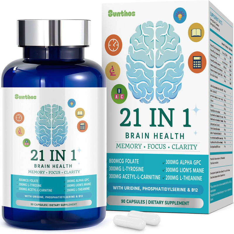 Brain Supplements for Memory and Focus, 21-in-1 Brain Supplement for Mental Alertness, Cognitive with 300mg Alpha-GPC, 300mg Lion’s Mane, L-Theanine, Phosphatidylserine, Vitamins B6 B12, 90 Capsules 90 Count (Pack of 1) Blue