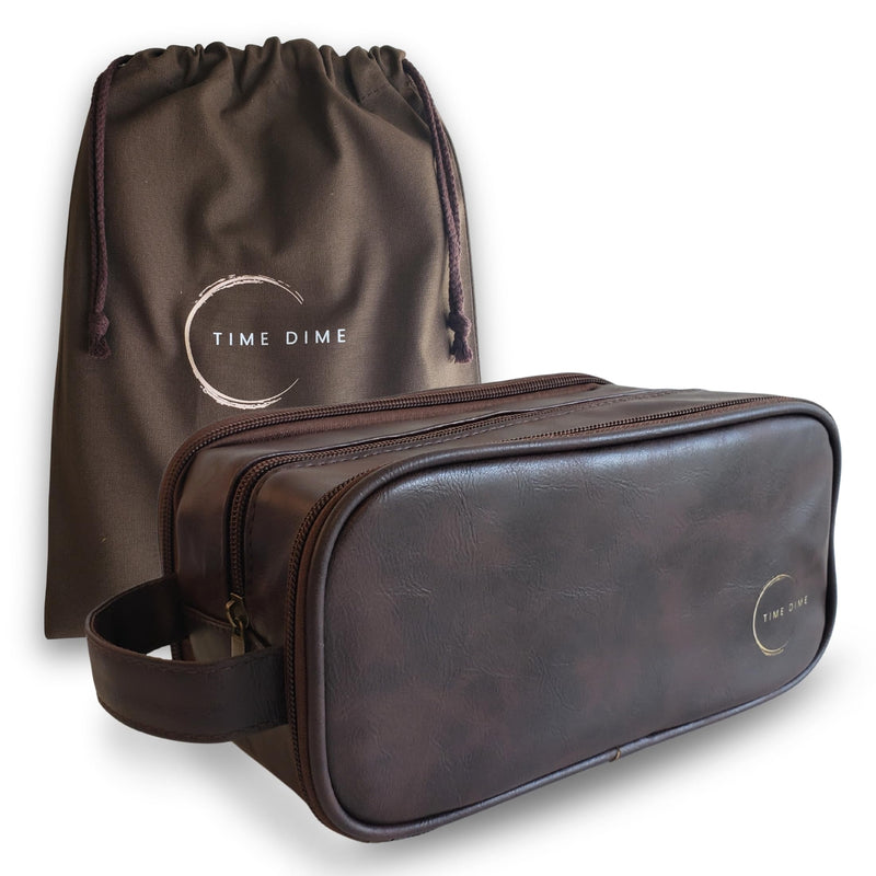 Premium Men’s Toiletry Bag with Drawstring Pouch – Durable Water-Resistant Leather-Look Travel Organizer for Shaving, Grooming & Hygiene Essentials (Dark Brown) Dark Brown