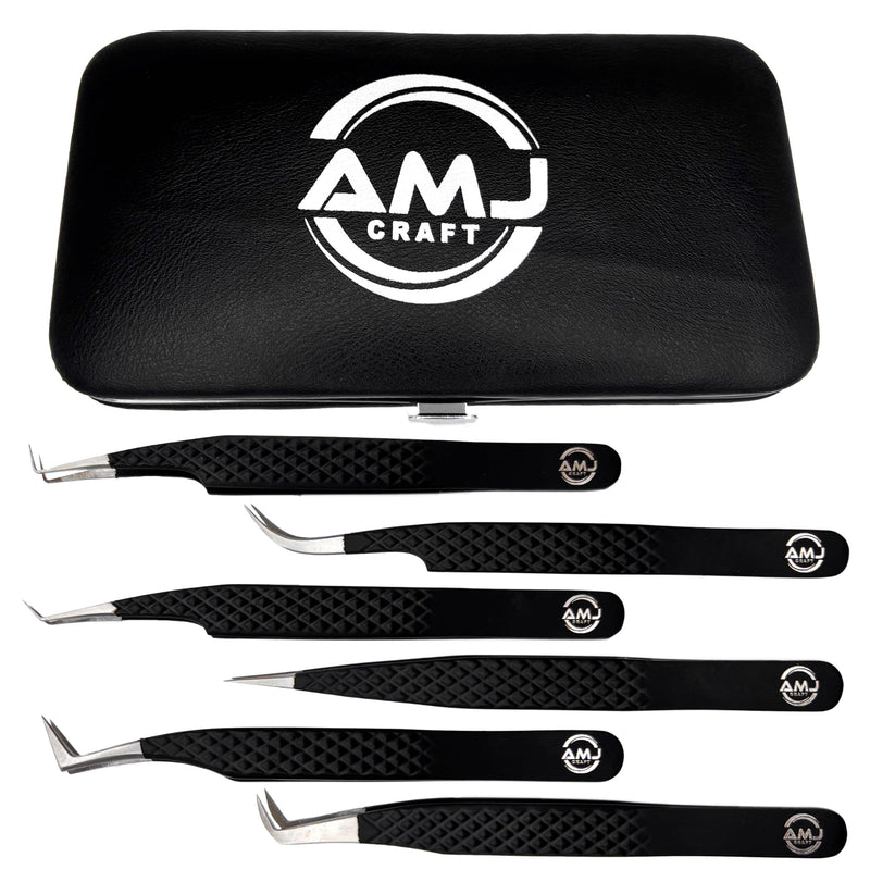 AMJ Professional Eyebrow/EYELASHES Tweezers Set, Black Stainless Steel, 6 Piece Precision/FIBER Tips with Case, women beauty care set, Best Gift for Beautiful eyes.