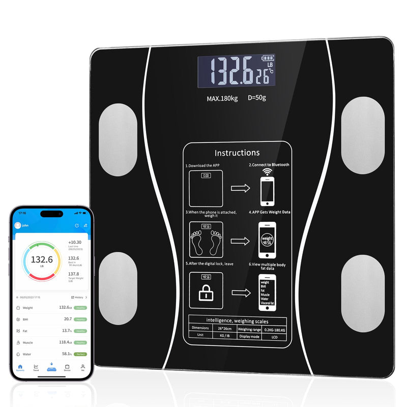 [Australia] - Stylish LED Display Body Fat Scale, Weight Scale, Bluetooth Smart Scale with Health app Integration, Body Fat and Health Monitor with app sync, Suitable for Bathroom (Black) Black 