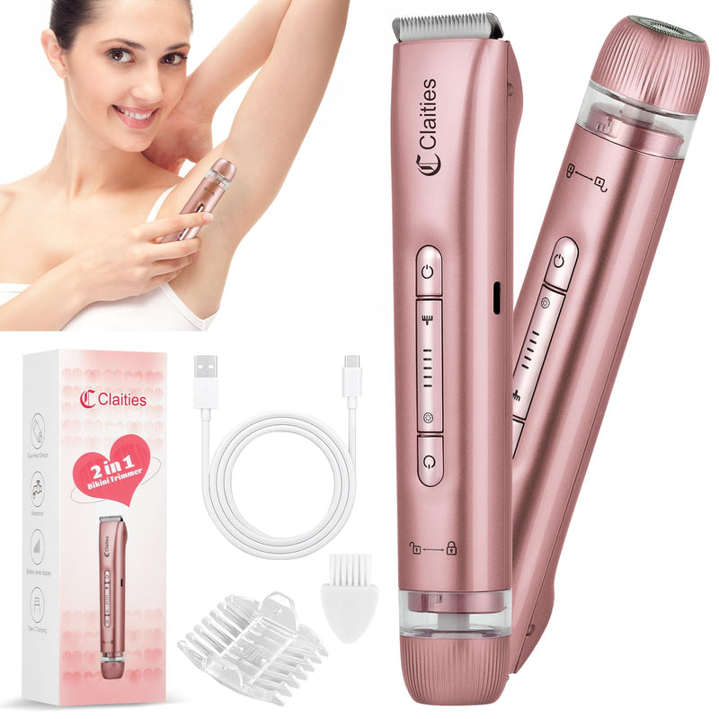 2 in 1 Women Electric Shaver Dual Head Bikini Trimmer for Women IPX7 Waterproof Wet & Dry Use Body Hair Trimmer and Facial Hair Remover for Bikini Underarm Leg Arm Body Face（Rose Gold）