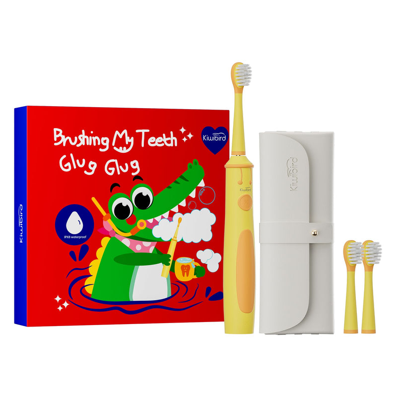 [Australia] - KIWIBIRD Kids Electric Toothbrush for Ages 3–10 | Toddler Sonic Toothbrush with 4 Modes & Soft Silicone Bristles | 2-Min Timer Pressure Sensor | 45-Day Rechargeable Battery | IPX8 Waterproof (Yellow) Yellow 