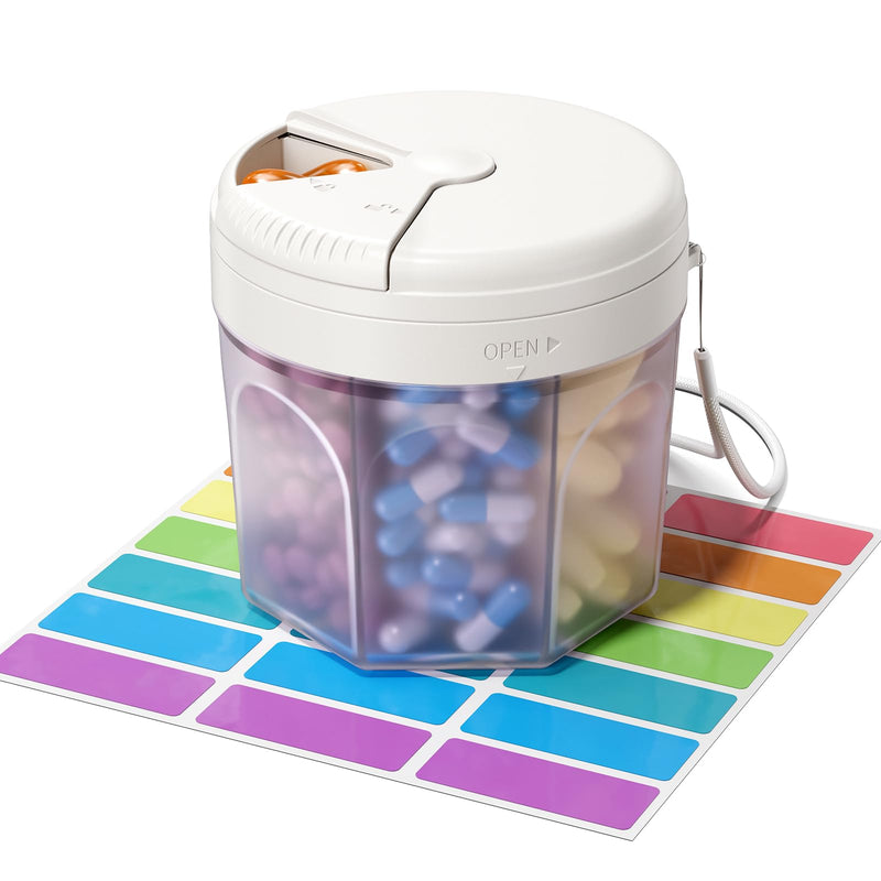 Pill Organizer with 7 Large Compartments,XL Cute Travel Pill Box BPA-Free | Anti Mixing, Large DIY Compartments for Vitamins and Fish Oil, Portable Monthly Pill Box with Labeled and Lanyards, White
