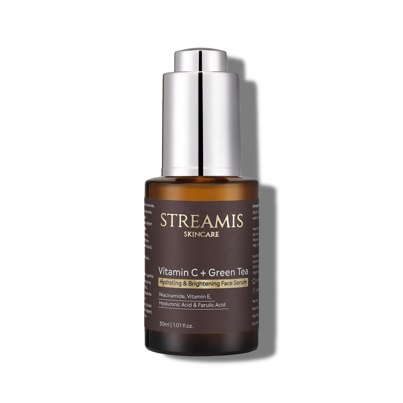 Streamis Skincare: Vitamin C + Green Tea Hydrating & Brightening Face Serum - With Niacinamide, Vitamin E, Hyaluronic Acid, Ferulic Acid & Powerful Botanical Extract Blend, Fragrance Free, 30ml.