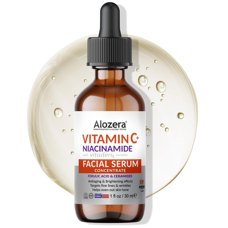 Alozera Vitamin C Facial Serum with Niacinamide & Ferulic Acid, Anti-Aging Serum for Visible Brightening, Glowing & Radiant Skin, Concentrated, Gentle & Effective, Day & Night