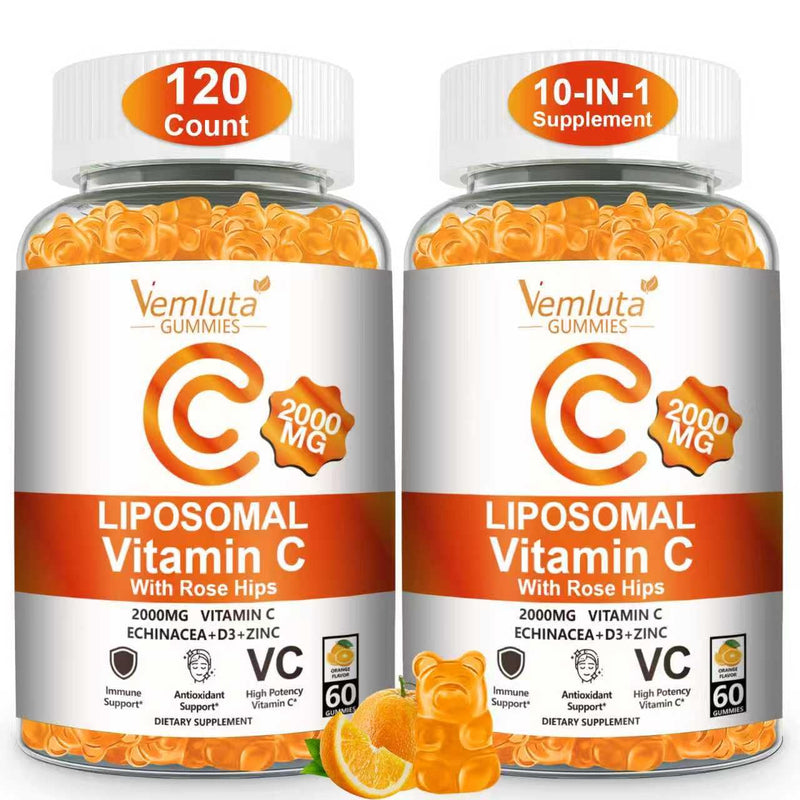 2 Pack Liposomal Vitamin C 2000mg Gummies Complex Rose Hips with D3 5000IU,Elderberry Echinacea,Iron & Zinc for Adults Kids Immune,Antioxidant & Collagen Support,Orange Flavor, 120Count Orange 60 Count (Pack of 2)