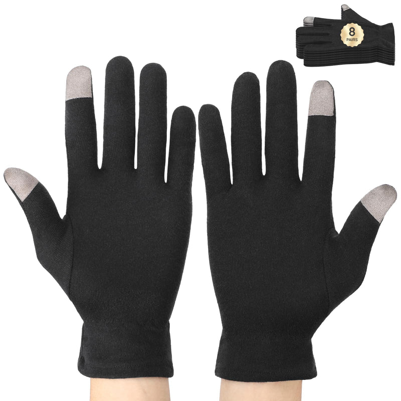 [Australia] - Segbeauty 16 Counts Elastic Cotton Work Gloves Black with Touchscreen Fingers, 8 Pairs Sleep Moisturizing Lotion Gloves Overnight for Women with Elastic Band, Spa Cotton Working Glove for Hand Care Medium 16.0 