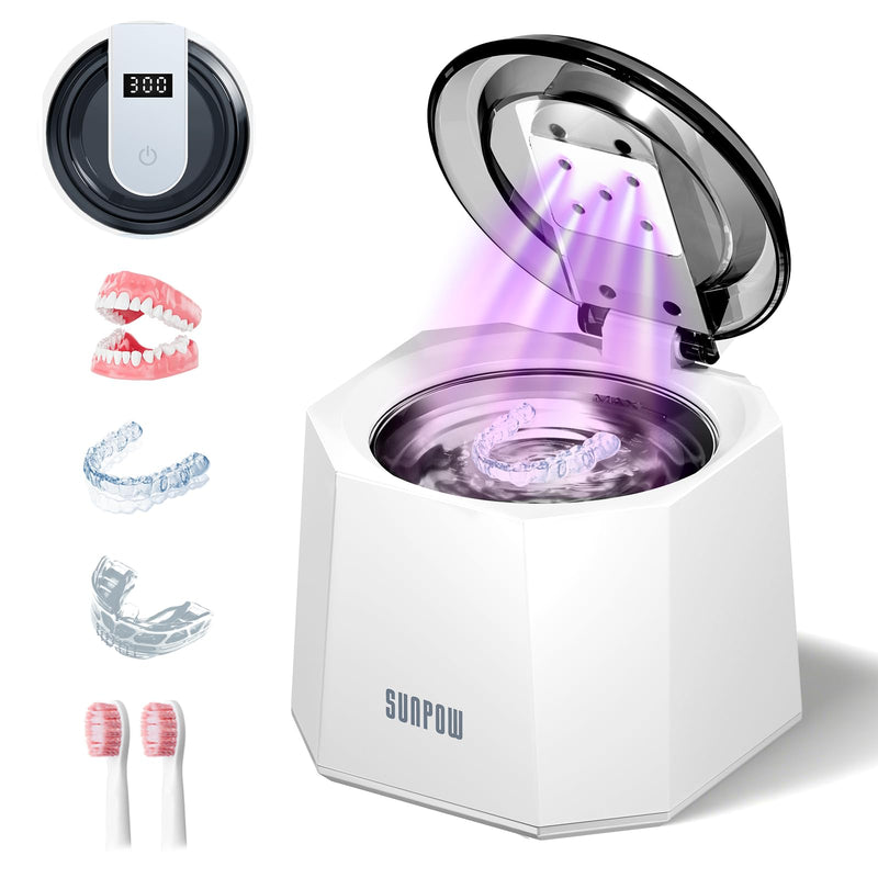 [Australia] - SUNPOW Dental Ultrasonic Retainer Cleaner Machine - 48kHz Retainer Cleaner with 5 UV Lights for Night Guards, Mouth Guards, Dentures- 220ML Dental Cleaning Pod Upgrade Design 