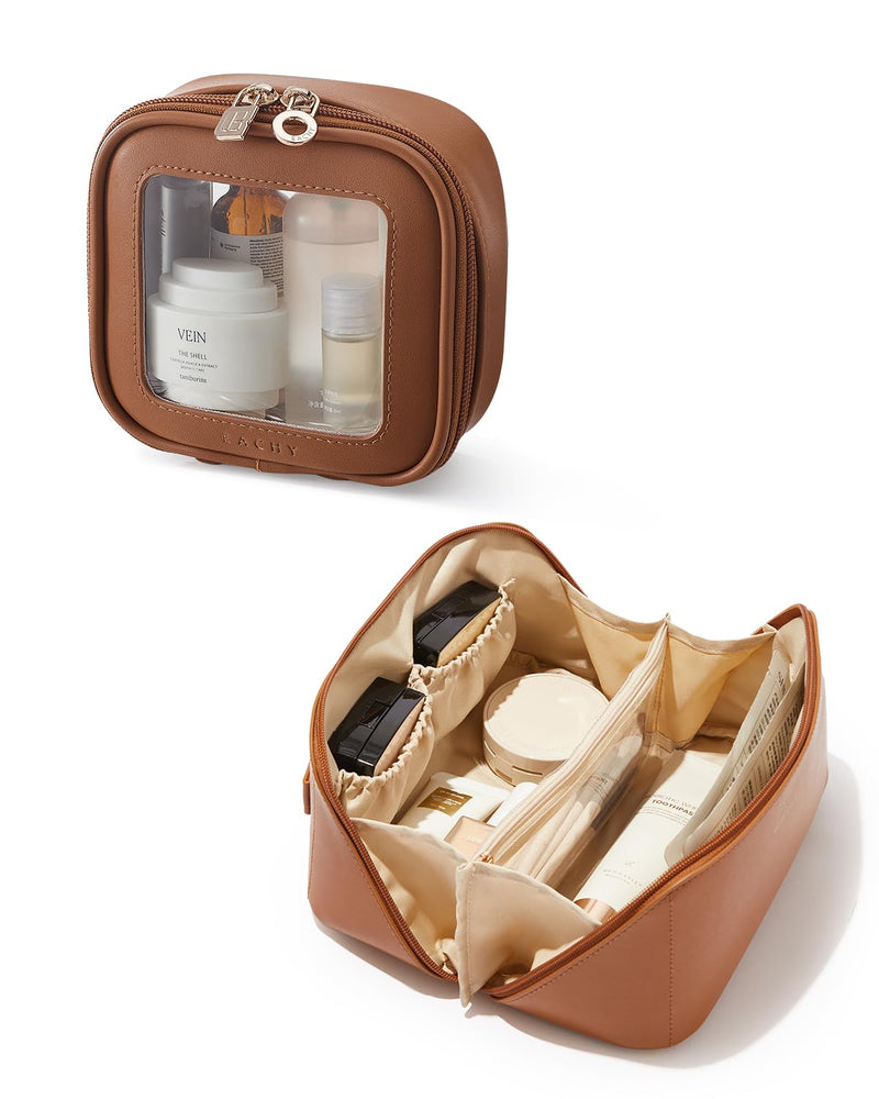 EACHY Travel Makeup Bag（Brown-Medium Size） & Clear Makeup Bag（Brown-Mini Size）