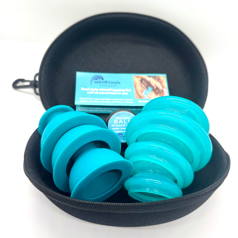 [Australia] - Dual Style Silicone Massage Cupping Therapy Set with All Natural Balm, Mixed 4 or 6 Packs with case (6 Pack, Clear Teal Glide Cups) Clear Teal Glide Cup 6 pack mixed sizes 