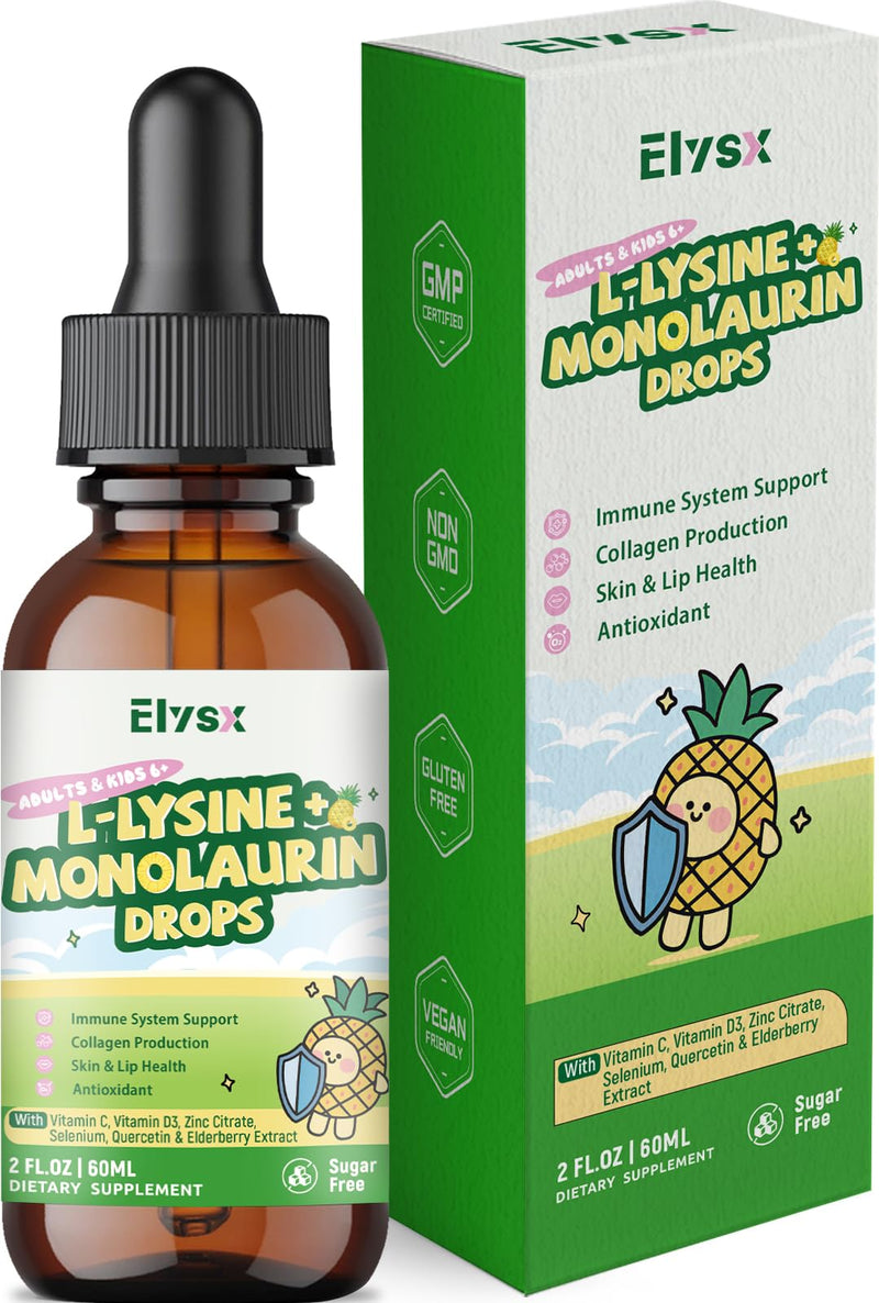 [Australia] - L-lysine Monolaurin Liquid Drops, Lysine 1000mg Supplement for Kids & Adults, with Vitamin C & D3, Zinc Citrate, Selenium, Quercetin & Elderberry Extract, Immune Support, Lip & Skin Health, 2 FL OZ 