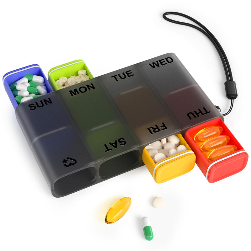 Weekly Pill Organizer 1 Time a Day – Travel Pill Case 7 Day, Small Pill Box 8 Compartments Push Open, with Color Slots, Medicine Organizer for Fish Oil, Vitamins, with Wrist Lanyard, BPA Free, Black