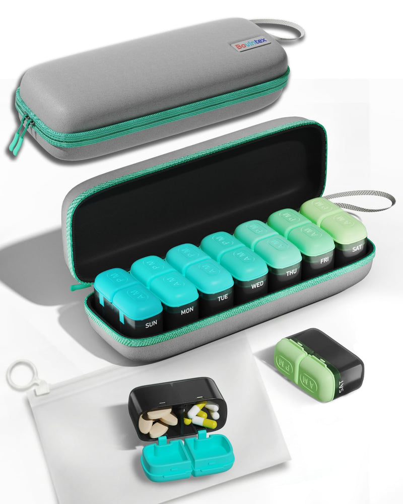 Weekly Pill Organizer 2 Times a Day, 7 Day Travel Medicine Pill Organizer with Moisture-Proof Silicone Lid, AM PM Daily Pill Box for Vitamins & Supplements, Aesthetics Pill Case(Green) Green