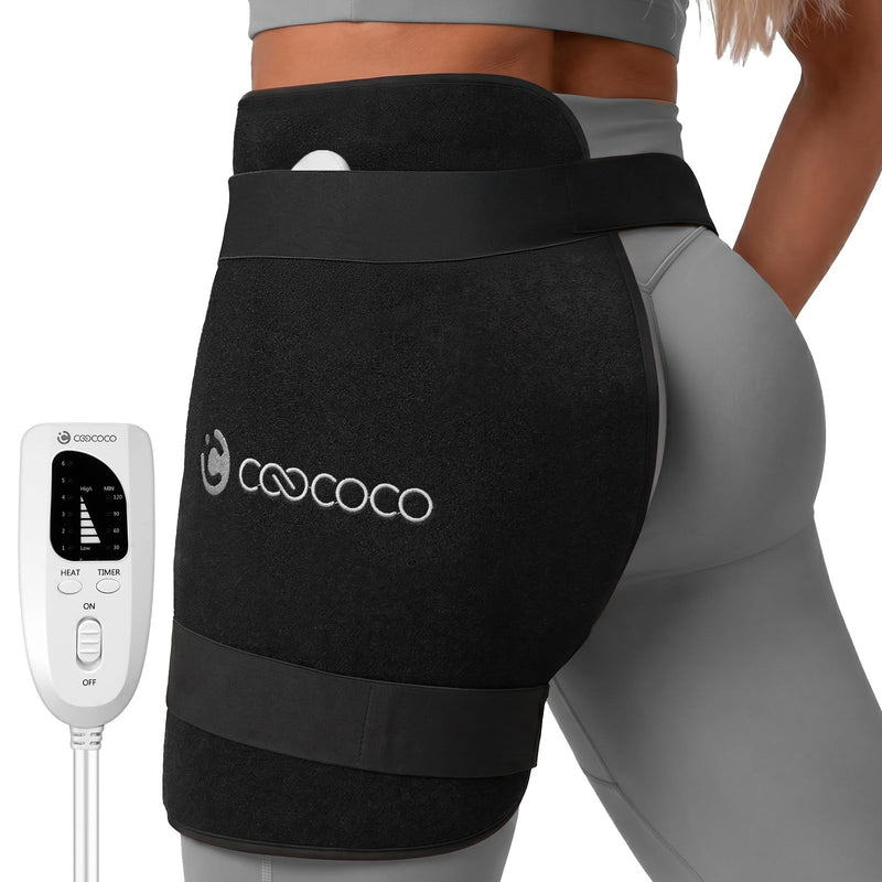 CooCoCo FSA Eligible HSA Hip Heating Pad for Hip and Sciatica Pain Relief | Heated hip brace, 6 heat levels, 4 timers, adjustable wearable fit, soft plush lining for hip, thigh, buttock and lower back 19"x16" Black