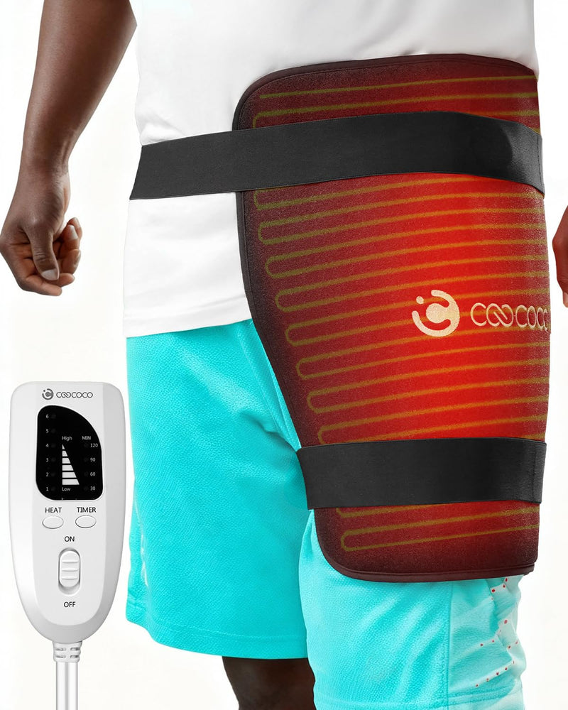 CooCoCo Hip Heating Pad, Heated Hip Brace for Hip and Sciatica Pain Relief | FSA Eligible HSA, 6 heat levels, 4 timers, 18 x 17-in coverage for the hip, lower back, thigh and buttock, soft plush lining 19"*16" Black