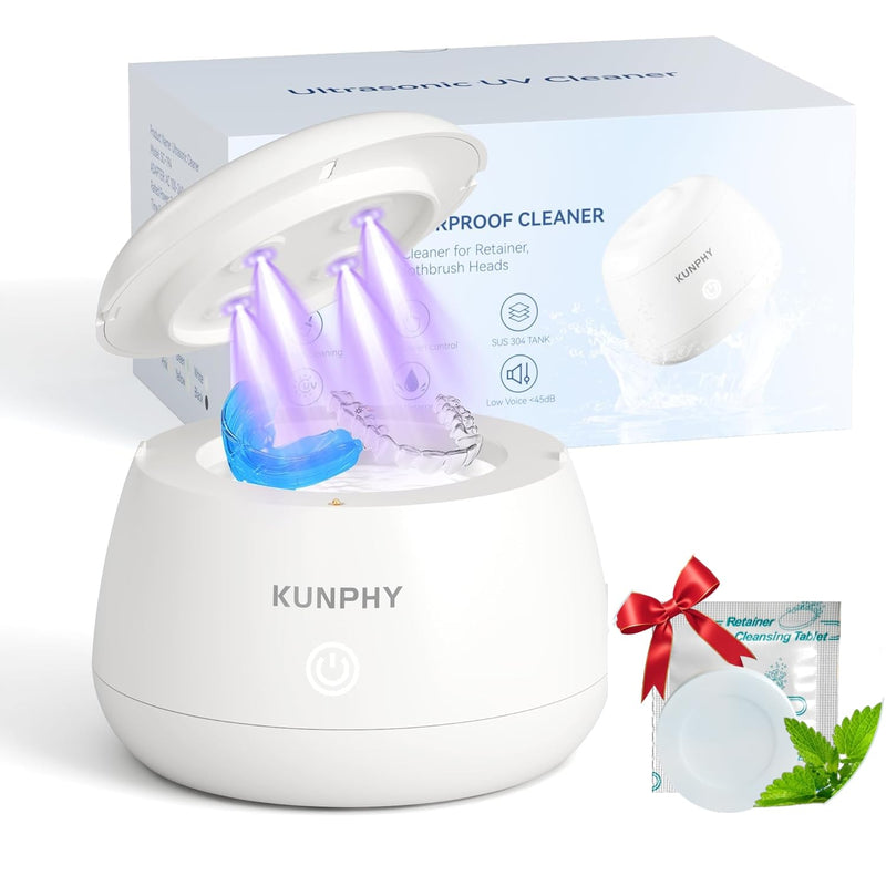[Australia] - KUNPHY Dental Cleaner | Ultrasonic Retainer Cleaner Machine | 48kHz Dental Cleaning Pod | Aligner, Nightguard, Mouth Guard, Denture | Oral Dental Care | UV Cleaner with Retainer Tablets | White 