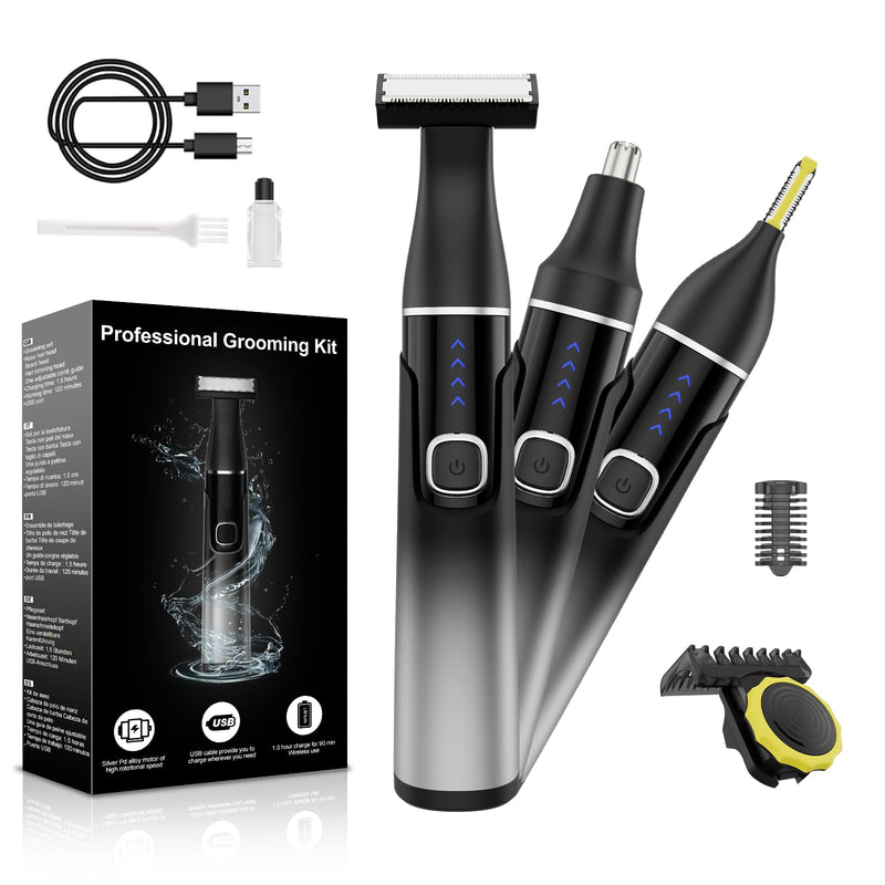 [Australia] - Rechargeable Nose Hair Trimmer for Men, 3-in-1 Painless Eyebrow Trimmer, Waterproof Electric Razor for Beard, Ear, Face, Body, Cordless Grooming Kit with Adjustable Rotating Comb, USB-C Fast Charging 
