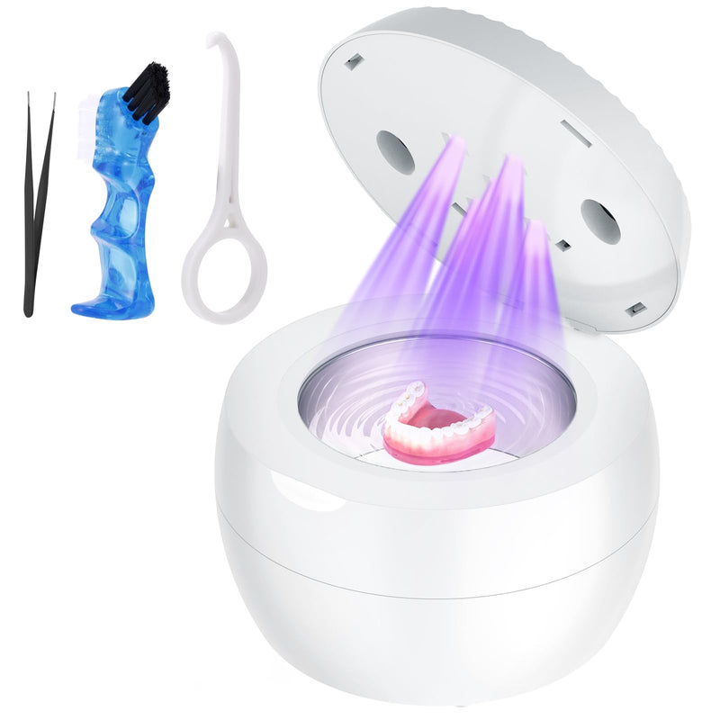 [Australia] - Ultrasonic Retainer Cleaner Machine, Cleaning Pod for Jewelry Cleaner, Dentures, Mouth Guards, Rings, Earrings, Glasses- 200ML 45kHz One-Touch 5-Minute Deep Clean (White) White 
