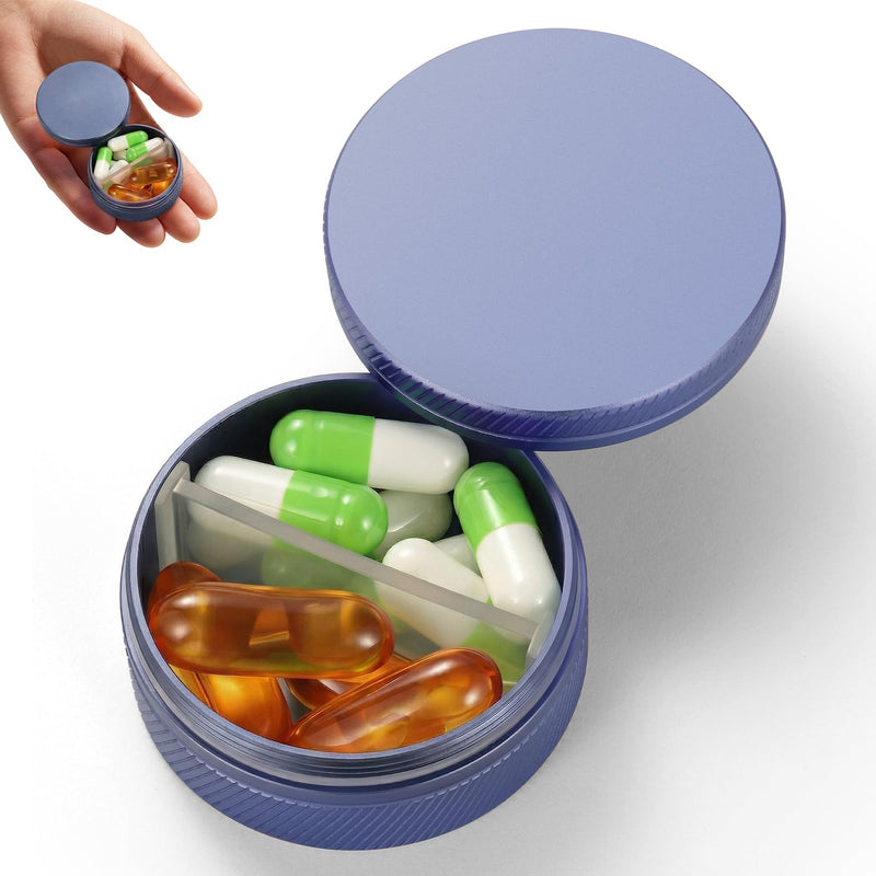 Metal Pill Case - Portable Waterproof Pill Box with Removable Divider, Small Aluminum Pill Organizer, Rugged Medicine Container for Daily Vitamins and Travel for Pocket Purse, Dark Blue