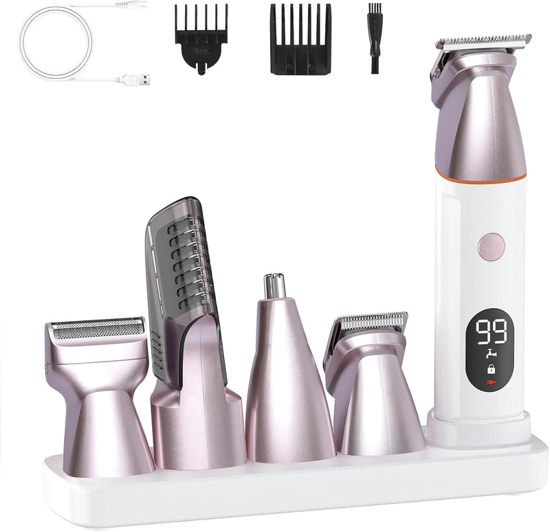 [Australia] - Bikini Trimmer for Women and Men,5-in-1 Wet/Dry Body Hair Trimmer,Gentle Hair Removal Shaver for Full Body Groomer,Electric Razor Shaver with USB Charge Dock-No Nick, No Cut, No Razor Burn,Pink Pink 