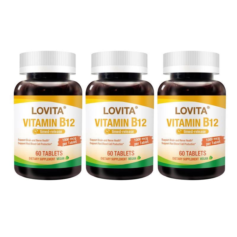 LOVITA Sustained-Release Vitamin B12 1000 mcg (as Cyanocobalamin), Timed Release, 60 Vegan Tablets for Brain & Nerve Health Support (Pack of 3) 60 Count (Pack of 3) New Package