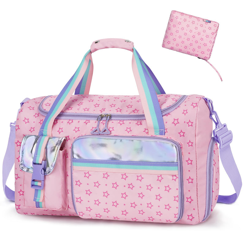 WOOMADA Foldable Kids Duffle Bag for Boys & Girls, Kids Overnight Travel Bag with Shoe Compartment＆Wet Pocket, Ideal for School Practice, Sports, Weekend Travel(Pink Star) Pink Star