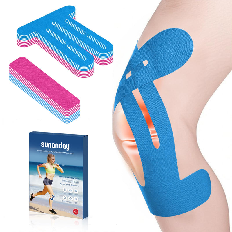 Precut Kinesiology Tape for Knees and Shoulders - 20 pcs Waterproof &Elastic for Yoga, Running, Pilates - Breathable Hypoallergenic Latex-Free Athletic Tape ；Blue and Pink