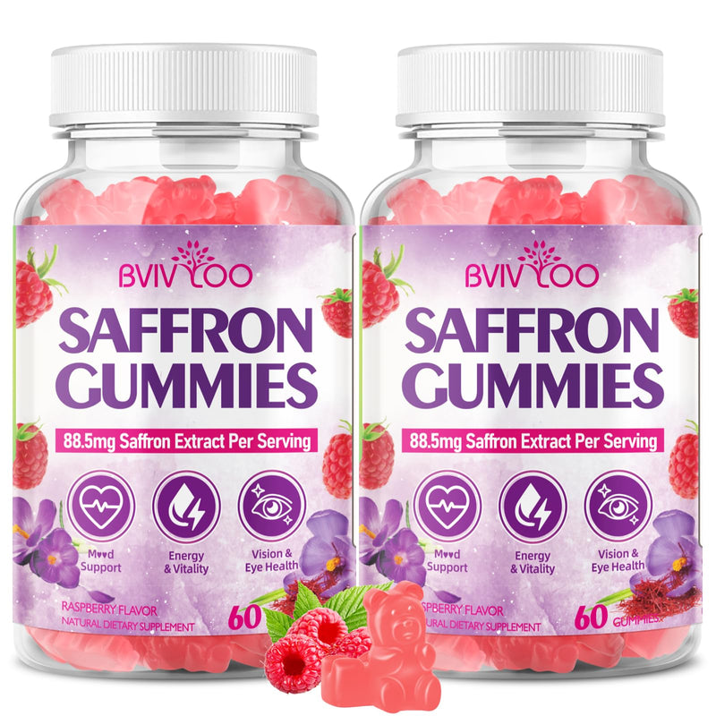 Saffron Gummies for Adult Kids, 10-IN-1 Formula with Saffron 88.5mg, Vitamins D3 & B6, Magnesium, Zinc, Ashwagandha, L-Theanine, St. John's Wort - Supports Mood & Focus, Raspberry Flavor, 120 Count 2-pack