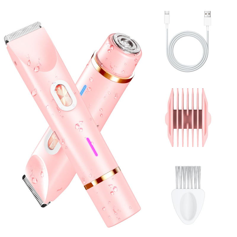2-in-1 Women’s Electric Razor & Bikini Trimmer - Painless Pubic Hair Shaver, IPX7 Waterproof Wet/Dry Use for Bikini Area, Legs, Face, Underarms (Pink) Pink