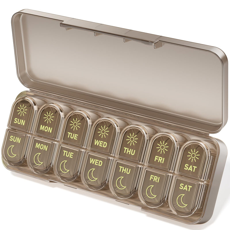 Betife AM PM Pill Organizer 7 Day, Weekly Pill Organizer Box 2 Times a Day | Portable Travel Pill Organizer, Cute, Easy Open, Airtight, Fashion, Dust-Proof, Reusable, Sturdy for Medication, Vitamin Brown