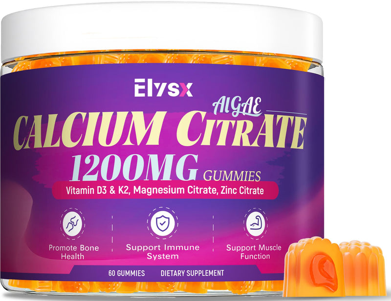 Calcium Citrate 1200mg with Vitamin D3 Gummies, 60 Count | Chewable Calcium Supplements for Women & Men, with Vitamin K2, Magnesium & Zinc Citrate, Mango Flavor