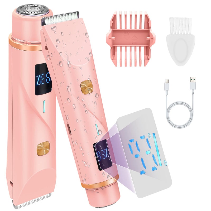 [Australia] - Bikini Trimmer for Women,Dual Head Electric Shaver with Hypoallergenic Ceramic Blades,Waterproof Bikini Razors with Cordless USB Rechargeable Led Display,for Armpit Leg Body Facial Wet & Dry Use,Pink Pink 