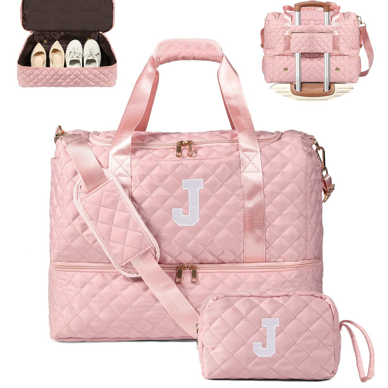 Personalized Initial Travel Bag, Quilted Duffle Bag, Weekender Bag for Women with Cosmetic Bag, Gym Bag with Shoe Compartment, Carry on Overnight Bag, Hospital Bag for Labor Delivery (Pink, J) Pink