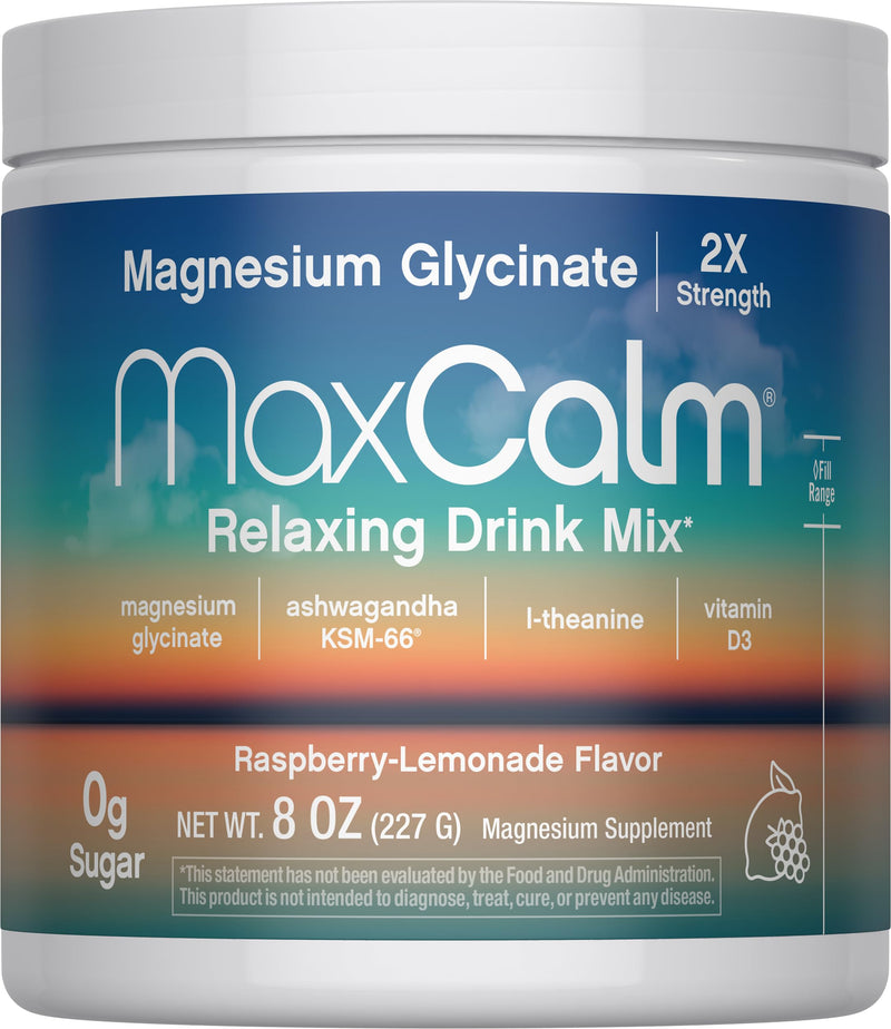Relaxing Drink Mix | Raspberry-Lemonade Flavor | Magnesium Glycinate, KSM-66 Ashwagandha, L-Theanine & Vitamin D3 | MaxCalm | Gluten-Free, Vegan | 8 Ounce Powder