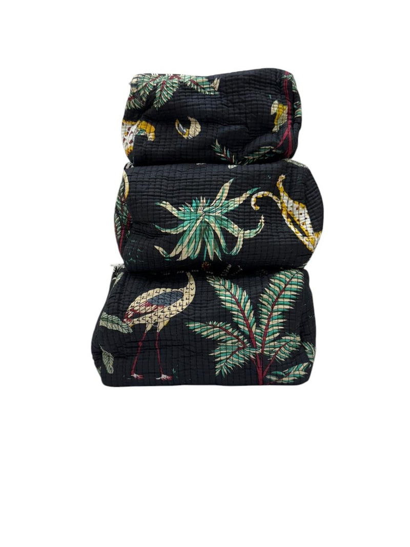 Cotton Hand Block Floral Print Toiletry Bag for Women, Makeup Cosmetic Organizer, Travel Accessories Set of 3 (black-jungle) black-jungle