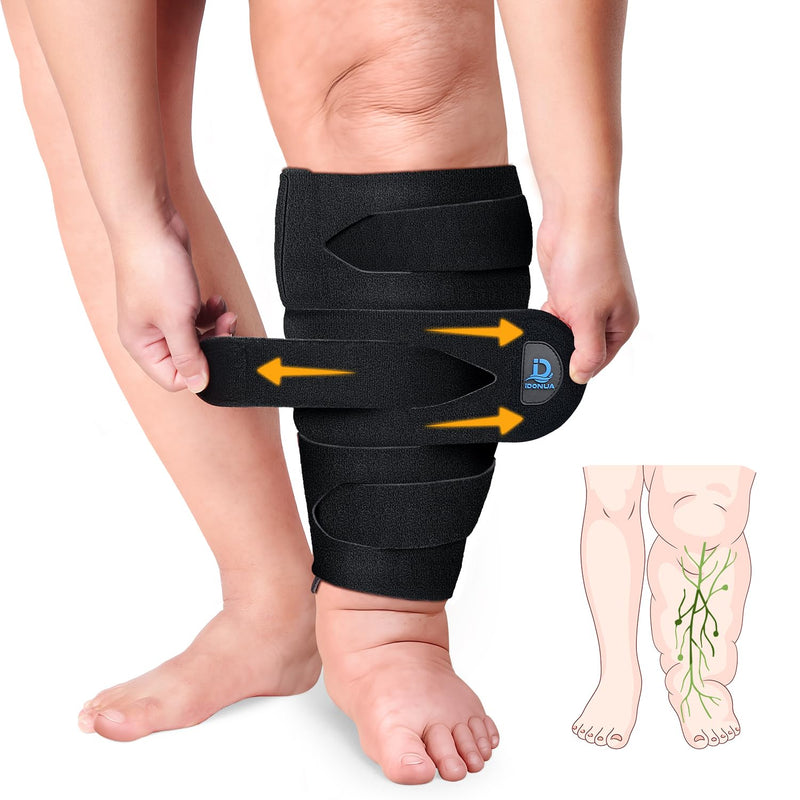 iDonua® Calf Lymphedema Compression Wrap Adjustable For Big Swollen Lower Leg - with 6 Cross Straps‌ Black Regular L