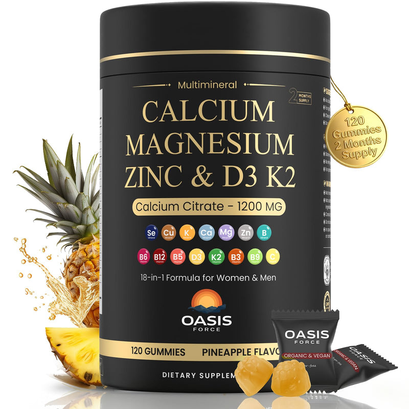 Calcium 1200 mg with Vitamin D3 Gummies, Calcium Citrate Supplements for Women & Men with Magnesium, Zinc, Vitamin D3 & K2, Potassium, Chews for Bone Strength & Muscle Support, Sugar Free, Vegan