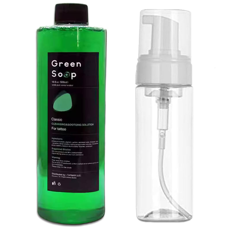[Australia] - Tattoo Green Soap 500mL (16.9oz) + Foam Pump Bottle 200mL (6.76oz) - Professional Tattoo Cleaning Supplies, Vegan Formula for Gentle Skin Cleaning 