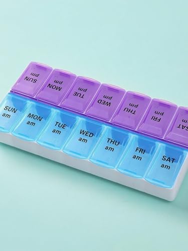 Weekly Pill Organizer 2 Times a Day, 14 Grid AM/PM Pill Box in Blue and Purple, Daily Medication Container and Travel Case for Vitamins, Tablets, Supplements