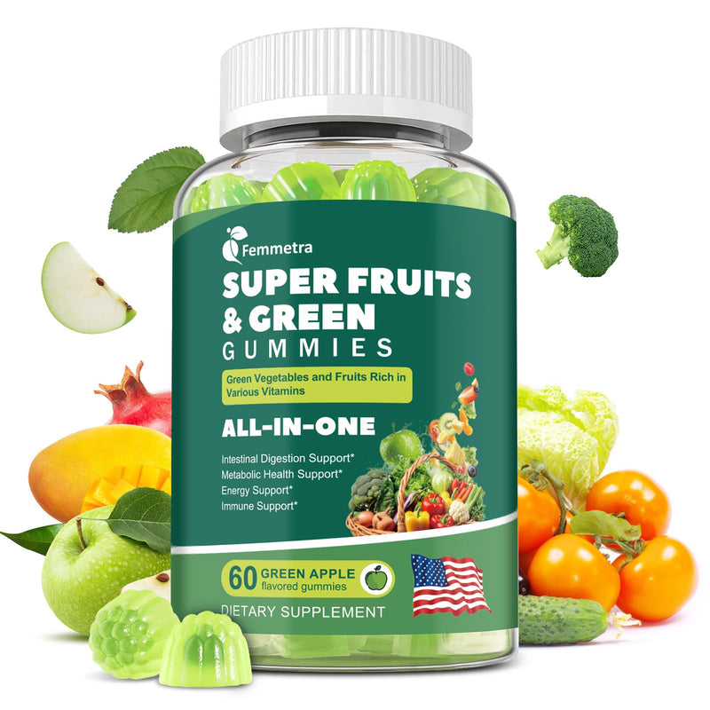 [Australia] - 61-in-1 Supergreens Daily Gummies for Women and Men, Multivitamin Superfood Gummy with Probiotics for Metabolic, Energy, and Digestive Health, Sugar Free, Green Apple Flavor, 60 Count 