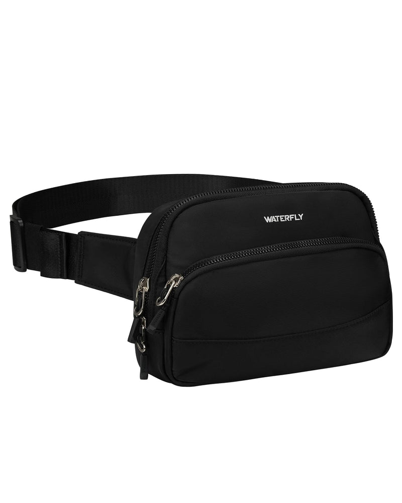 WATERFLY Fanny Pack Belt Bag for Men Women Casual Waist Pack | Lightweight 7oz, 8.3x5.9x2.4in, waist 24-47in, 3 zip pockets + slots + clip, water-repellent nylon, for travel, hiking, gym Black