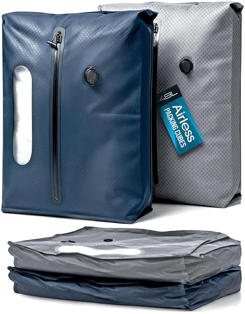 Vacuum Seal Bags for Clothing Travel - TSA Compliant Airless PacPro 48L, Carry-On Compression Packing Cubes for Luggage and Backpacks, Pump-free Air Valve (Large, Set of 2) Blue / Gray