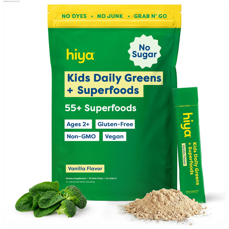 HIYA Kids Greens Powder Sticks, Greens Superfood Powder for Kids, Vanilla | 55+ Whole-Food Sourced Ingredients & Delicious Flavor, 0g Sugar, Third-Party Tested, for Children Ages 2+