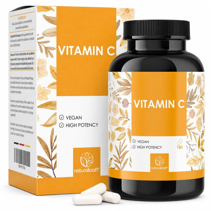 Vitamin C 1000 mg per Daily Serving with Sunflower Phospholipid Powder and Rosehip Extract – 180 Vegan Capsules – Higher Bioavailability, German Lab-Tested, and Free from Additives