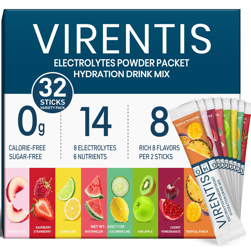 32 Sticks Electrolytes Powder Packets Sugar Free Hydration Packets, 8 Flavors Liquid Daily IV Electrolyte Drink Mix for Rehydration with 8 Electrolytes & 6 Vitamins, 0 Calorie, Low Sodium Variety Pack 4 Ounce (Pack of 1)