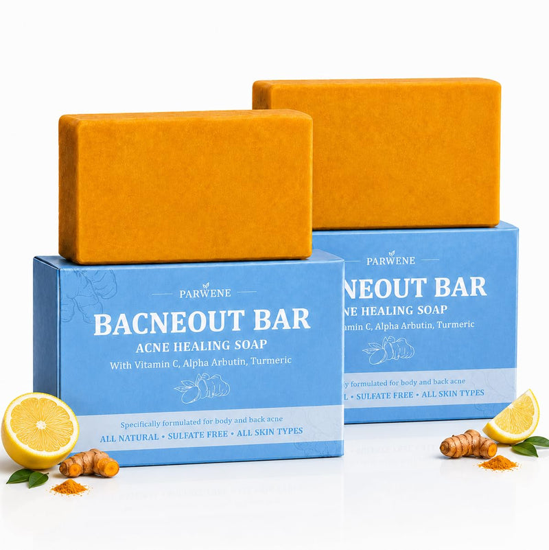 BacneOut Bar, Acne Healing Soap with Turmeric Vitamin C & Alphaarbutin, Natural Exfoliating Cleanser for Back, Face, Chest, Shoulders (2) 2