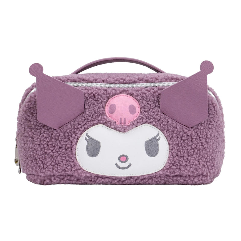 Impressions Vanity Kuromi Unfold Travel Makeup Bag Organizer, Opens Flat Zippered Cosmetic Bag with Cozy Sherpa Fabric Texture, Dual Compartments, Inner Pockets, and Top Carrying Handle (Lilac)