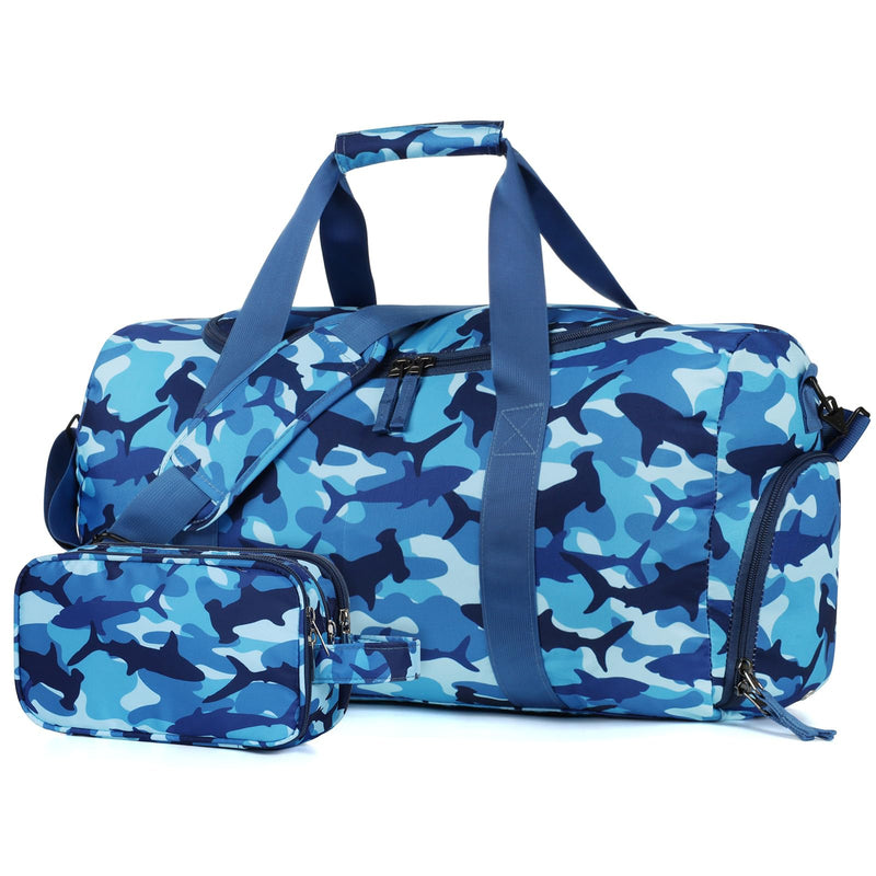 Boys Duffle Bag for Travel, Kids Duffle Bag Large Weekender Overnight Bags with Kids Toiletry Bag Set Shoe Compartment Carry on, Shark Blue