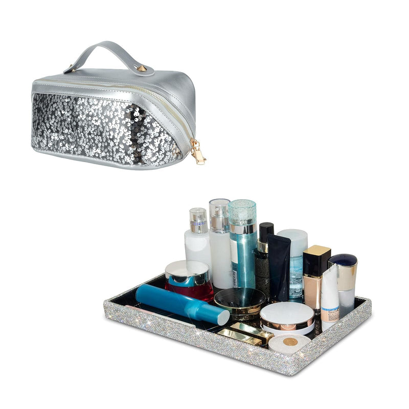 KEYPOWER Glitter Sequin Travel Makeup Bag & Jewelry or Makeup Storage Tray Silver